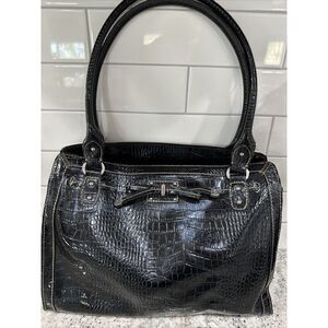 Liz Claiborne Handbag Large Black Patent‎ Leather Faux Croc Skin Tote